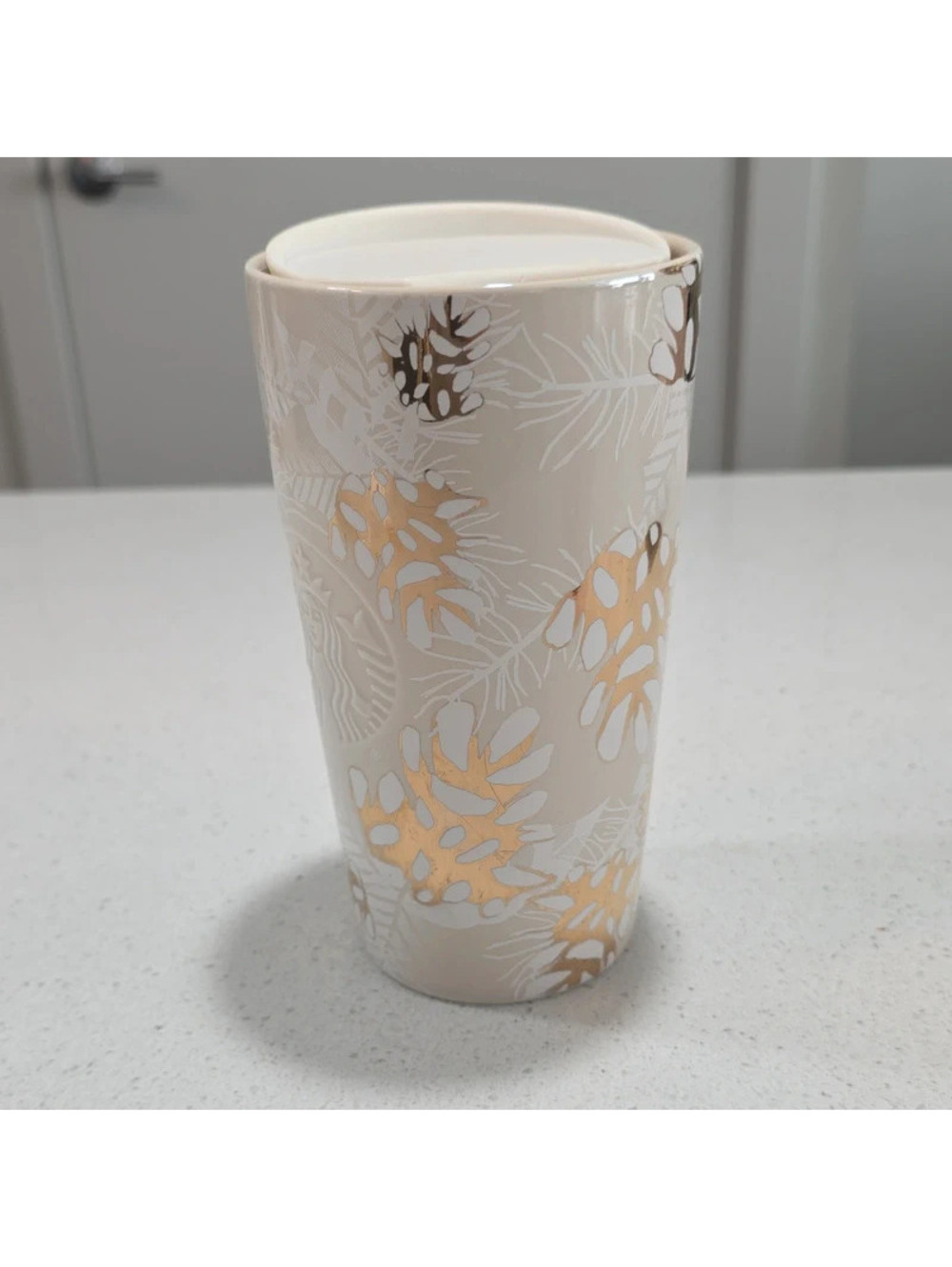Starbucks Ceramic Travel Mug with Gold Leaf Pattern